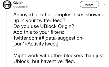 Screenshot of Glytch's tweet explaining how to use UBlock Origin to get rid of other people's liked tweets