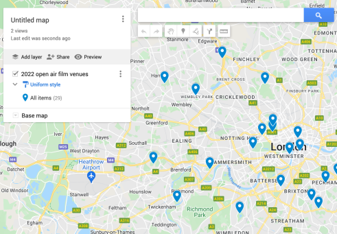 A screenshot of the resulting map showing a map of London now with blue placemarkers where screenings are happening. The next stage is to refine your map by naming it, describing it, picking colours for the placemarkers and more relevant icons than just the generic dropped pin.