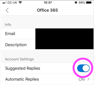 Outlook app setting showing 'Suggested Replies' set to ON, which we're about to change