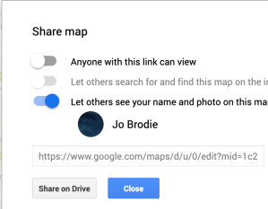 The settings under the Share map panel let you allow anyone to view it, or find it by searching and also if they can see your name associated with it