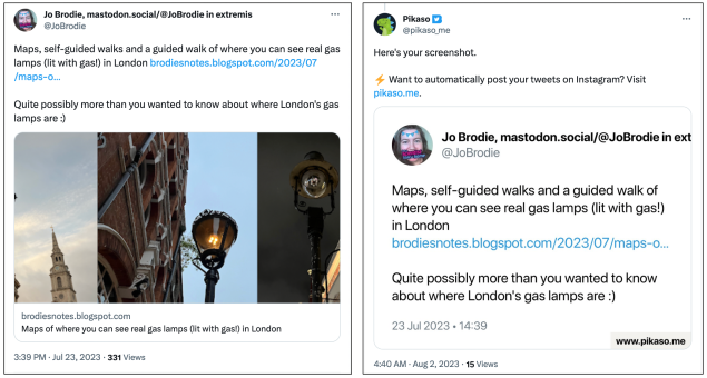 Composite screenshot of two Tweets. One is the original sent by me, the second is a screenshot copy of that Tweet which I requested from the Pikaso service. It has captured the text of my tweet and the link but not the Twitter card image that shows up in my Tweet.